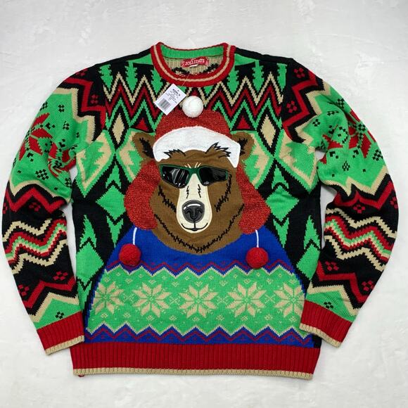 NWT Jollidays Ugly Christmas Sweater Beary Merry Mens Large Tall Santa Hat Bear - Picture 1 of 10
